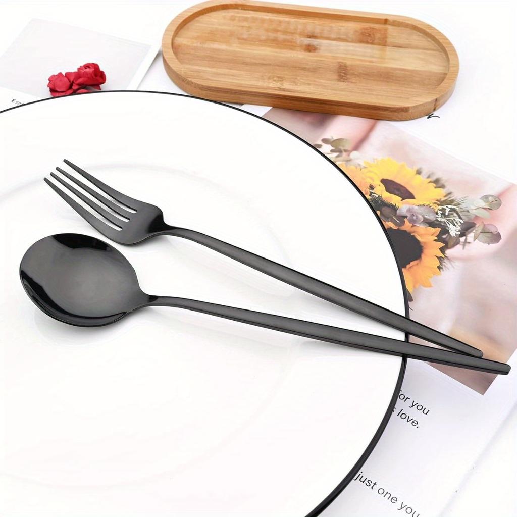 36pcs Black Silverware Set with Steak Knives Stainless Steel Tableware Utensils , Mirror Polished Dishwasher Safe