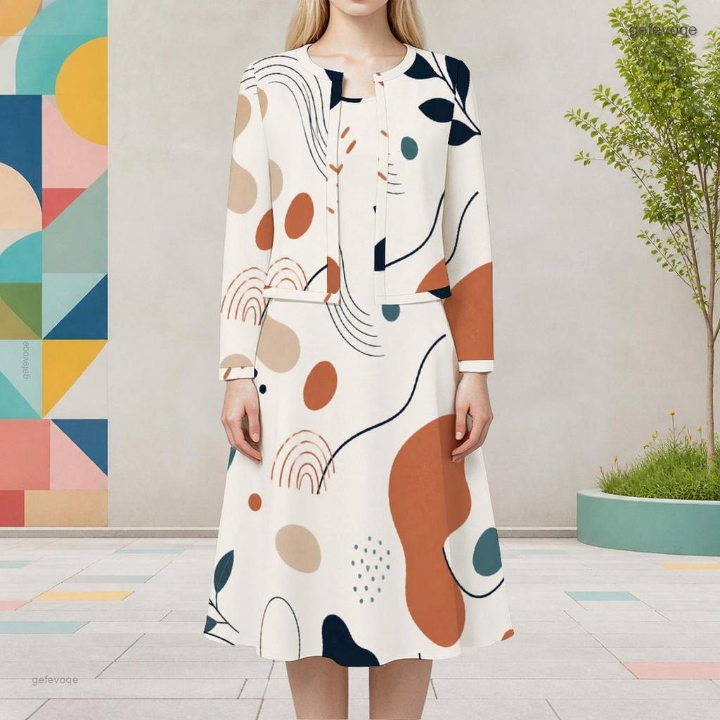 Women Plus Size Two Piece Dress Set Round Neck Long Sleeve Abstract Printed Cardigan Sleeveless Midi Dress