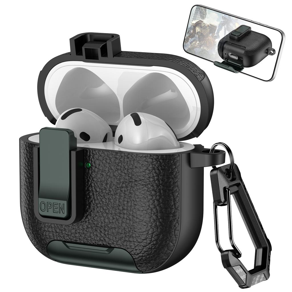 Für AirPods 4 Schutzhülle mit Ständer Leder mit Litschi-Textur TPU + PC Kopfhörerhülle mit Verschluss und Karabiner