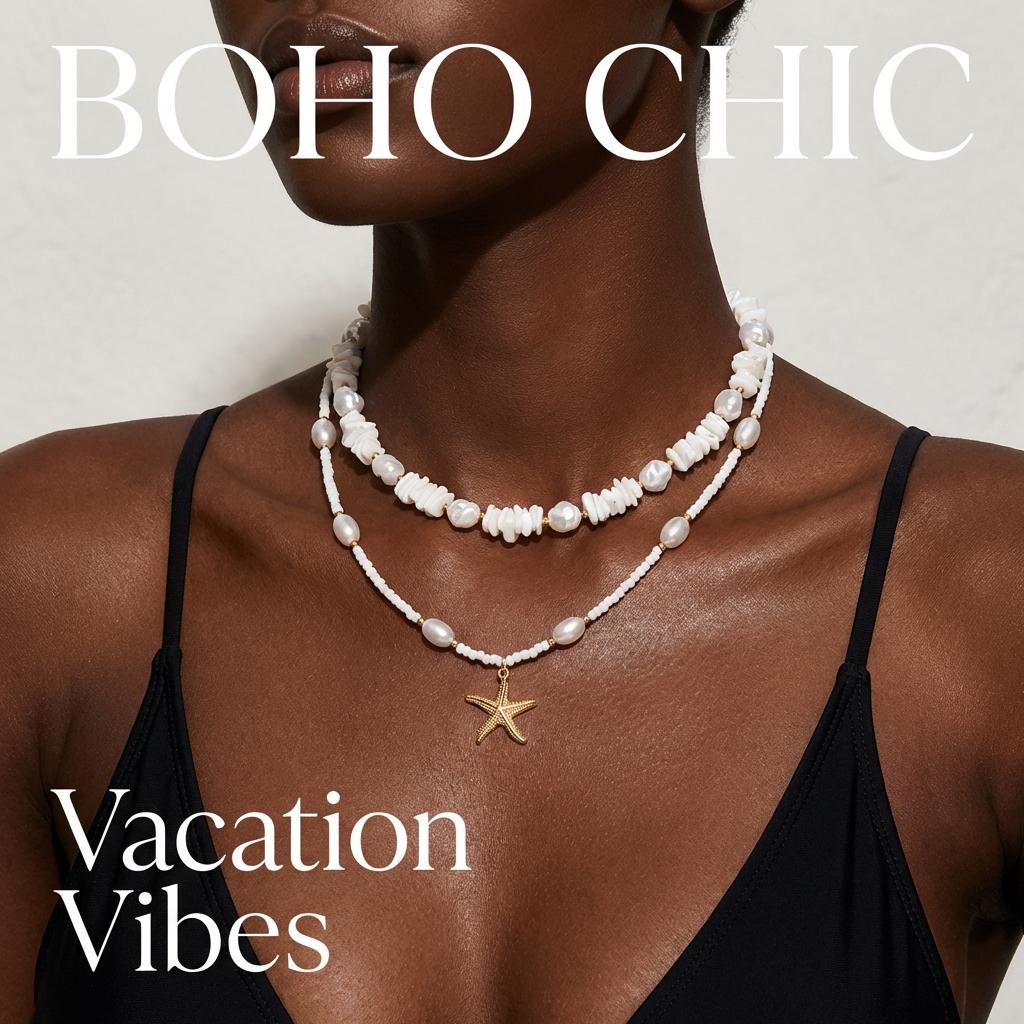 Bohemian White Multilayer Rice Bead Gravel Necklace for Women Baroque Imitation Pearl Gold Starfish Chain Beach Jewelry Gift