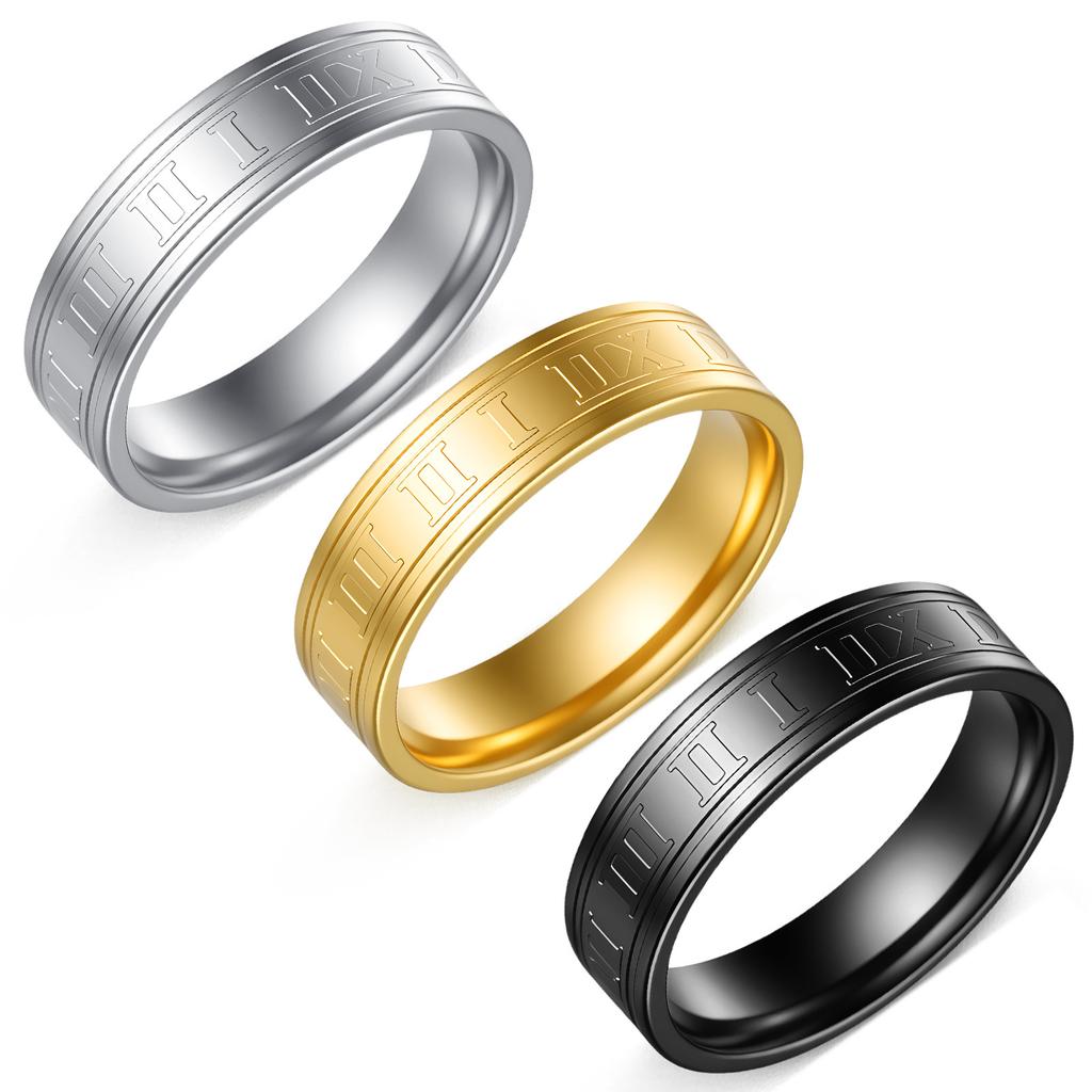 6MM Roman Numeral Punk Hip Hop Unisex Couple Titanium Steel Ring