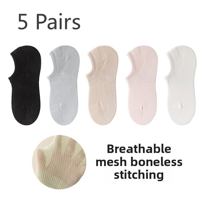 5 Pairs of Female Summer Pure Cotton Deodorant Mesh Thin Style Breathable Boneless Invisible Boat Socks