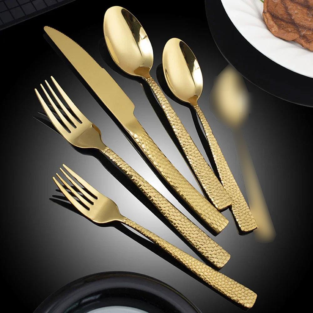 

Luxury 5pcs Stainless Steel Cutlery Set Hammered Steak Knife Fork Spoon Western Dining Tableware for Restaurant Kitchen Bar золотистый