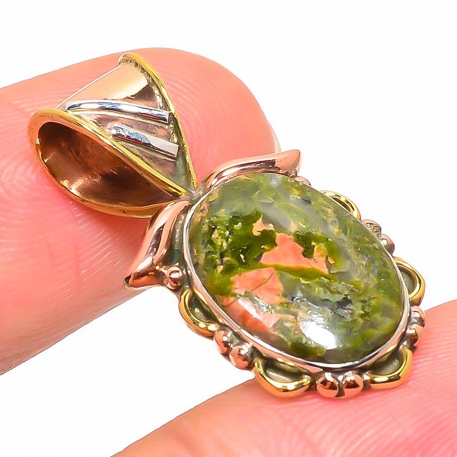 Natural Unakite Gemstone Two Tone 925 Solid Sterling Silver Pendant 1.25" j4i28