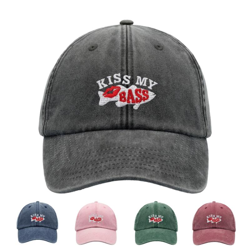 1pc "Kiss My Bass"leisure Unisex Baseball Cap,outdoor Windproof Vintage Washed Dad Skull Hat Suitable for Fishing,holiday,tralve