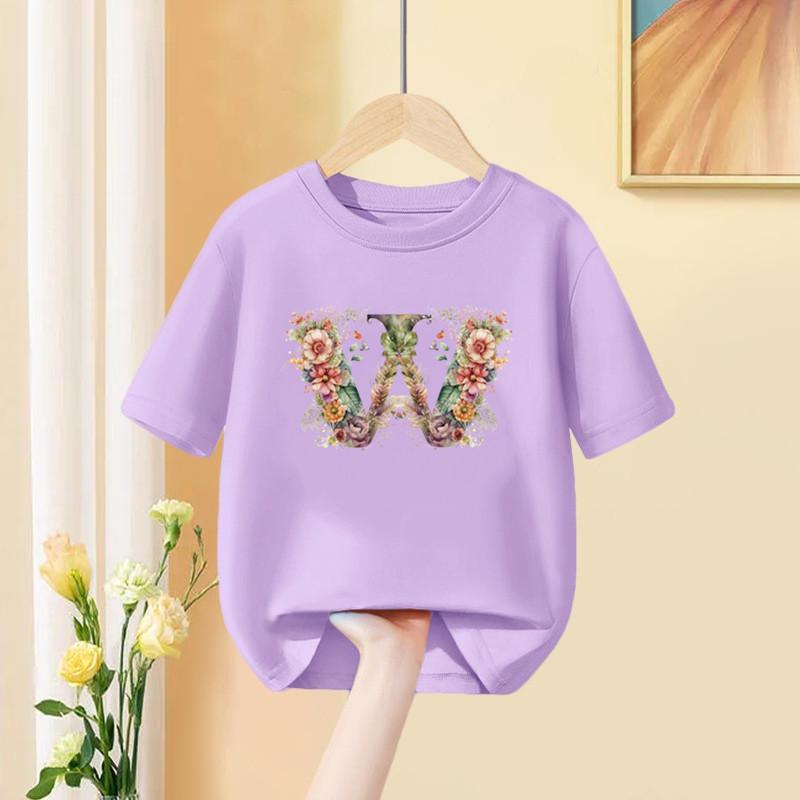 Mädchen T-Shirt 26 Englische Buchstaben A B C D Kindermode Blume T-Shirt Kinder Benutzerdefinierter Name Buchstabe Sommer Lila Kleidung