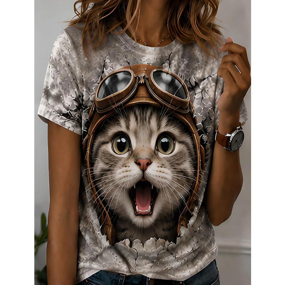 Mode Damen Retro Kreatives Katzenmuster Druck T-Shirt Lustig Lässig Rundhalsausschnitt Kurzarm T-Shirt Sommer Damen T-Shirt