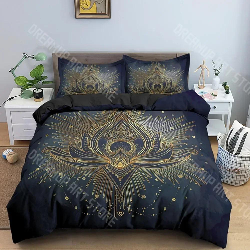 Bohemian Lotus 3pcs Bed Set Duvet Cover Set Mandala Flower Quilt Cover Adult Black Polyester Bedding Set Queen King Twin Te