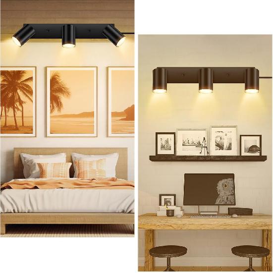 3 Light Track Lighting Kit,Black 3 Way Modern Plug in Ceiling Spotlight,Industrial LED Wall Light for Kitchen Cabinet Gallery Bar Hallway Living