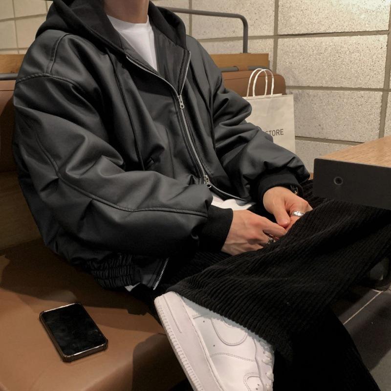 Lederjacke mit Kapuze für Herren, Frühling, neue lockere Oberseite, koreanischer Stil, trendige Lederjacke