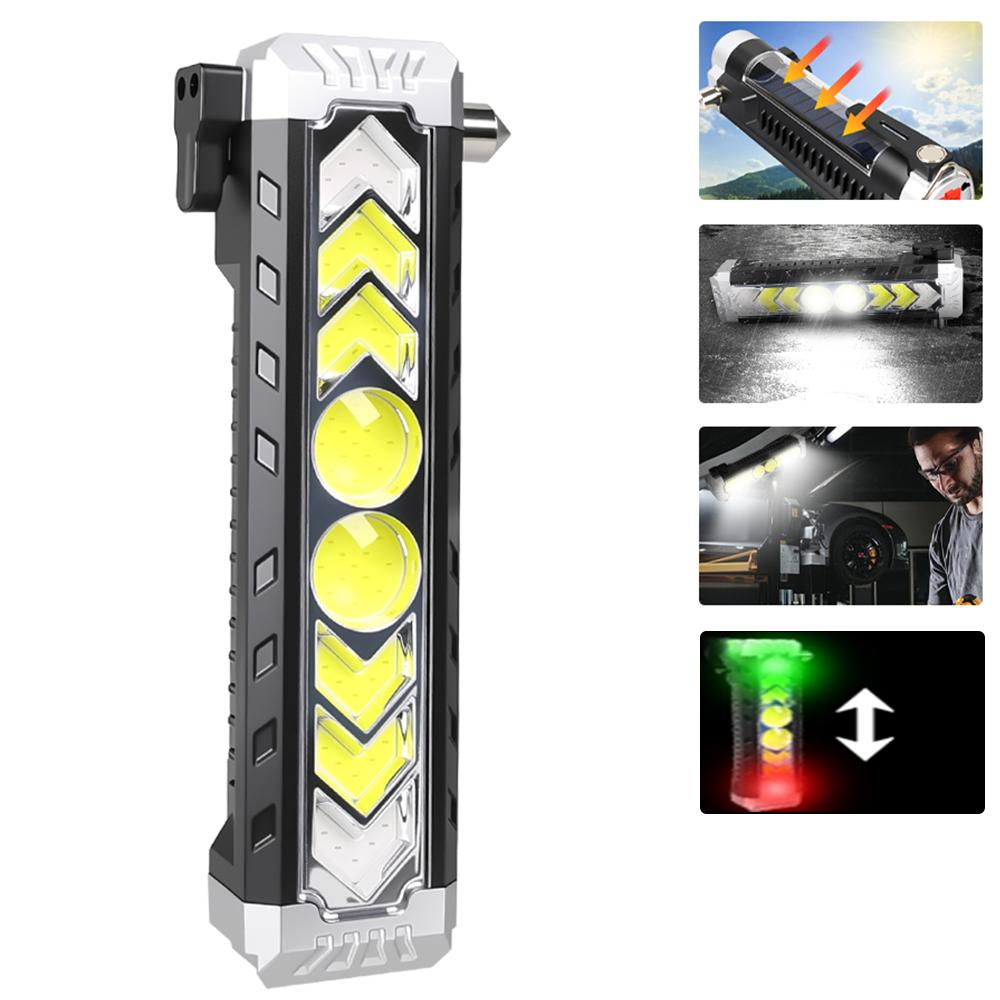 Portable COB Working Light Magnetic Flashlight Type-C Rechargeable Flashlight Multifunction Lamp with Hook Safety Hammer Torch