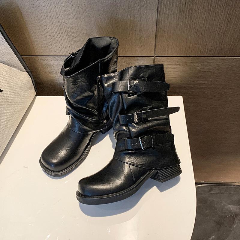 

Ботильоны средней высоты на толстой подошве и толстом каблуке с ремешком и плиссировкой, женские, новинка осени 2025, брючные ботинки Мартин, ботинки в стиле вестерн, короткие ковбойские ботинки 40