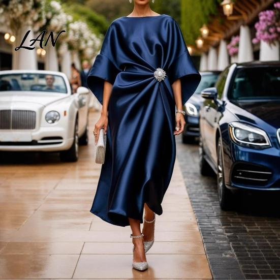 Lightweight Summer Dress Women's Satin Batwing Sleeve Maxi Dress, Rhinestone Accent Crew Neck Elegant Solid Color Evening Party A Line Formal Wedding