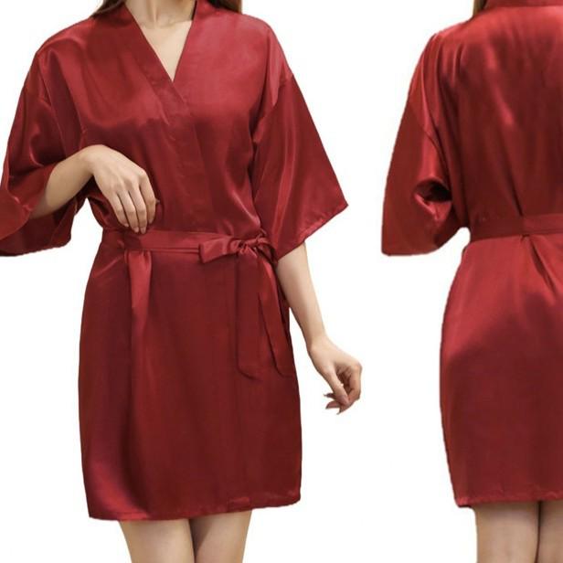 Damen Satin Kimono Nachthemd - Glänzend, Uni, Kurzer Sommer Bademantel