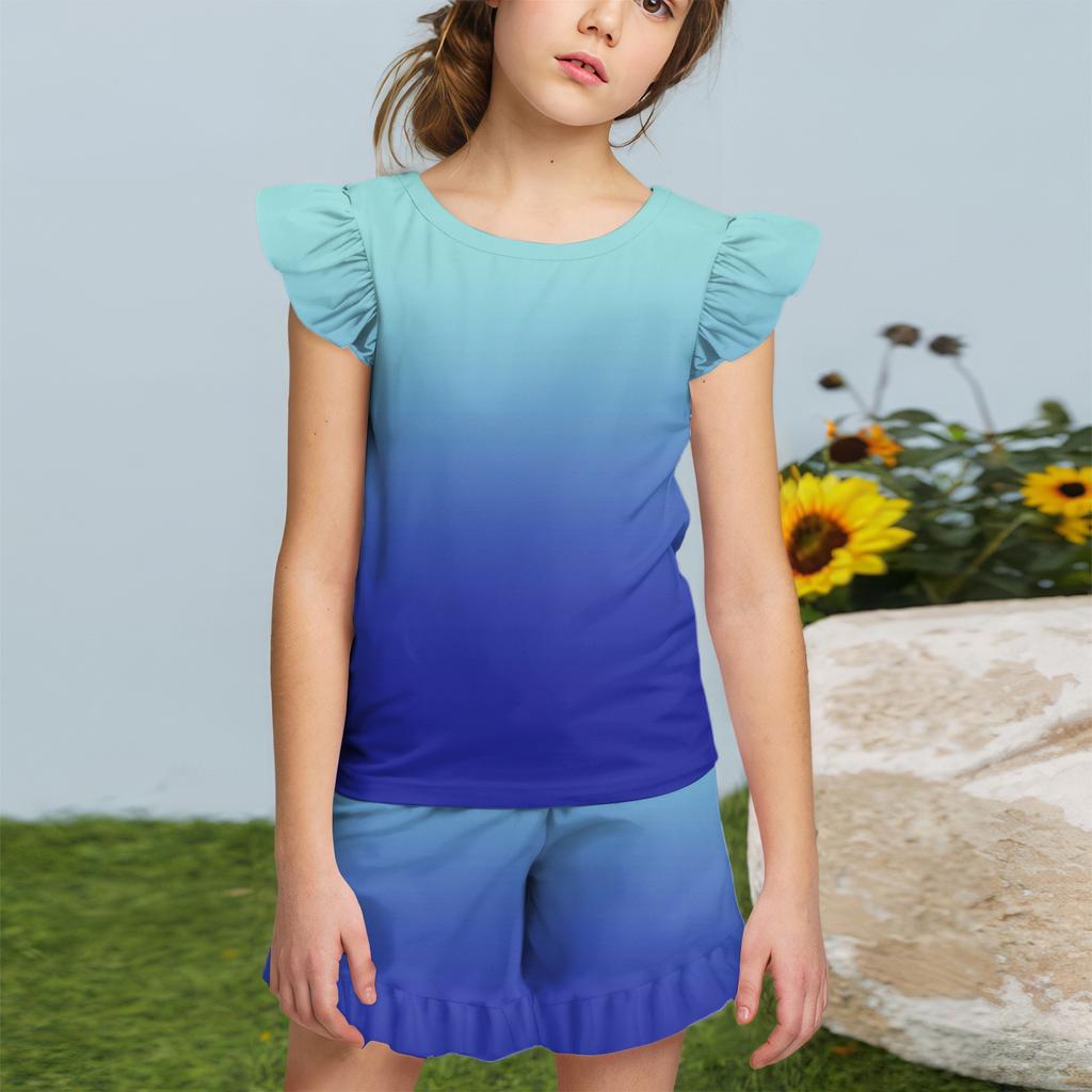Summer Girls Cute Suit Flying Sleeves T-shirt Top + Ruffled Shorts Daily Outdoor Wear Cute Casual Fashion 2-Piece Set