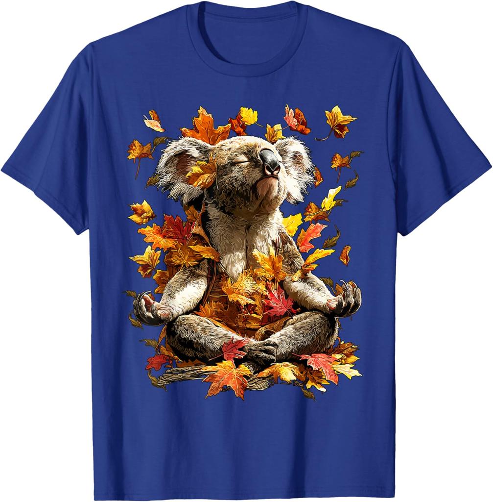 Meditating Koala Autumn Leaves Graphic Tee Men Women Casual Soft Cotton T-Shirt