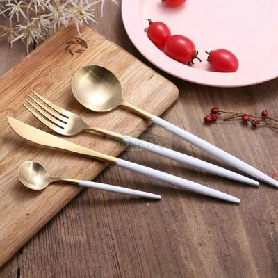 JANKNG – service de table en acier inoxydable doré, manche blanc, couverts de luxe, couteau mat, fourchette, cuillère à café, vaisselle de table, 4 pièces/lot