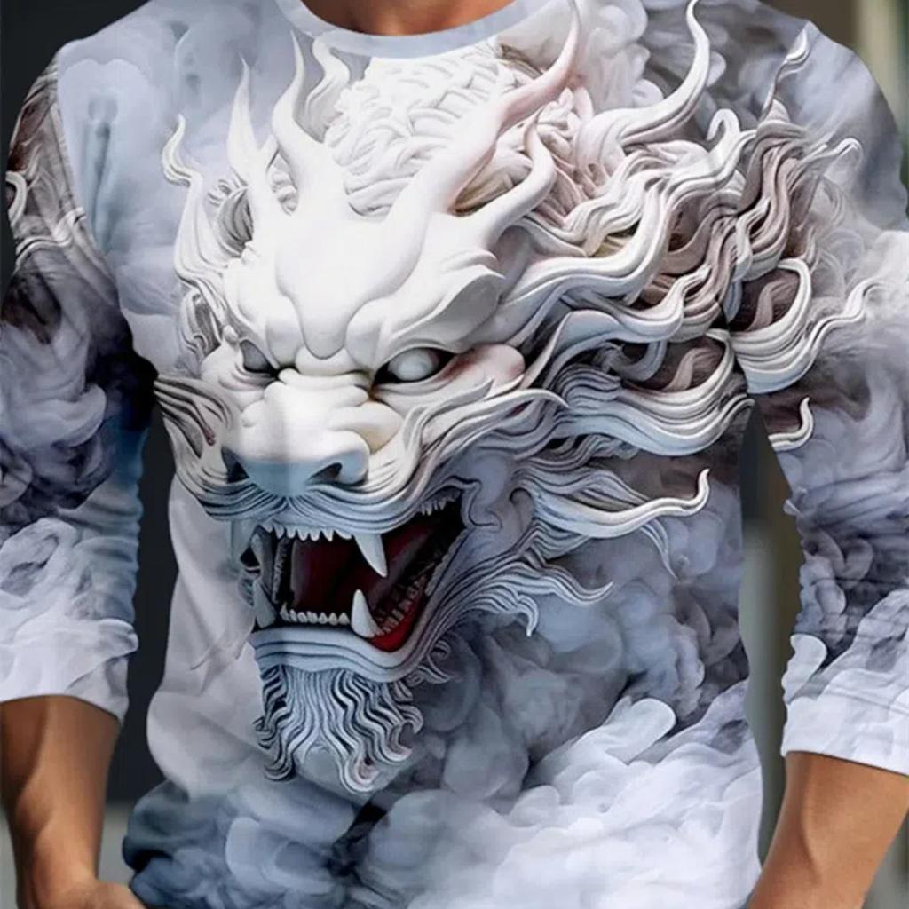 Frühling und Herbst Herren T-Shirt mit 3D-Digitaldruck und Drachenmuster, langärmelig, Rundhalsausschnitt, lässige Herren-T-Shirts, verwaschene Grafik-T-Shirts