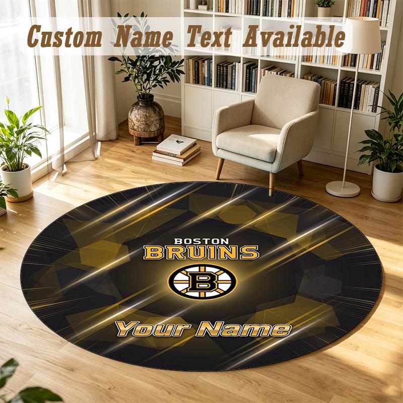 Round Rug Custom NameBoston Bruins Pattern Non Slip Carpet Home Floor Decor