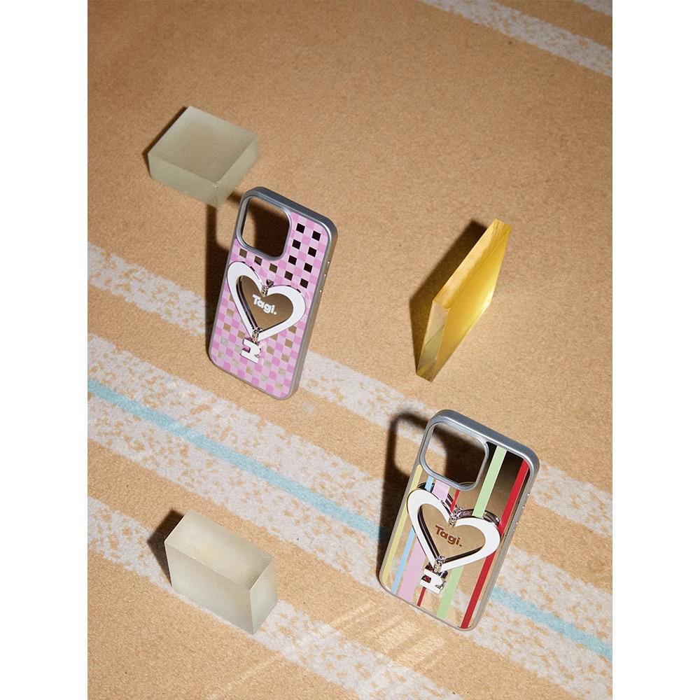 Tags: "Spreading Joy" - Metal Bracket Leather Heart Phone Case for iPhone 16 Pro Max, Anti-Fingerprint.
