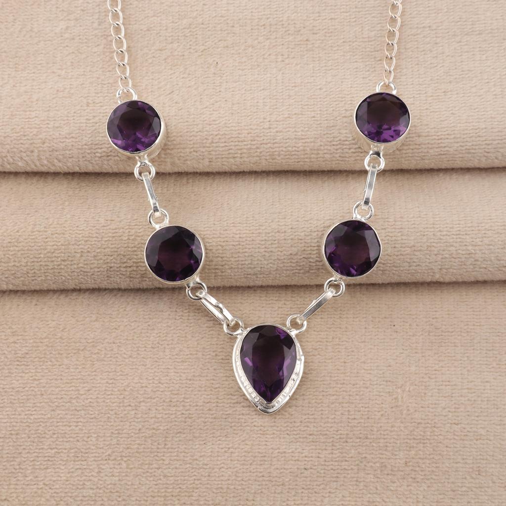 Natural Amethyst Gemstone 925 Sterling Silver Handmade Women Jewelry Designer Necklace 16-18" For Gift RN-3-6