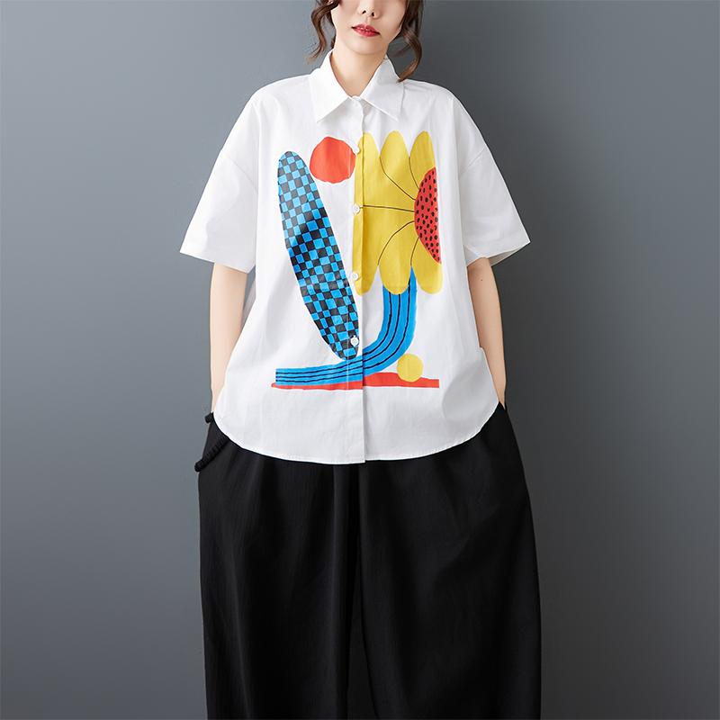 DIMANAF 2026 Plus Size New Summer Blouse Shirt Print Short Sleeve Casual Women Loose Tops Shirts Cotton