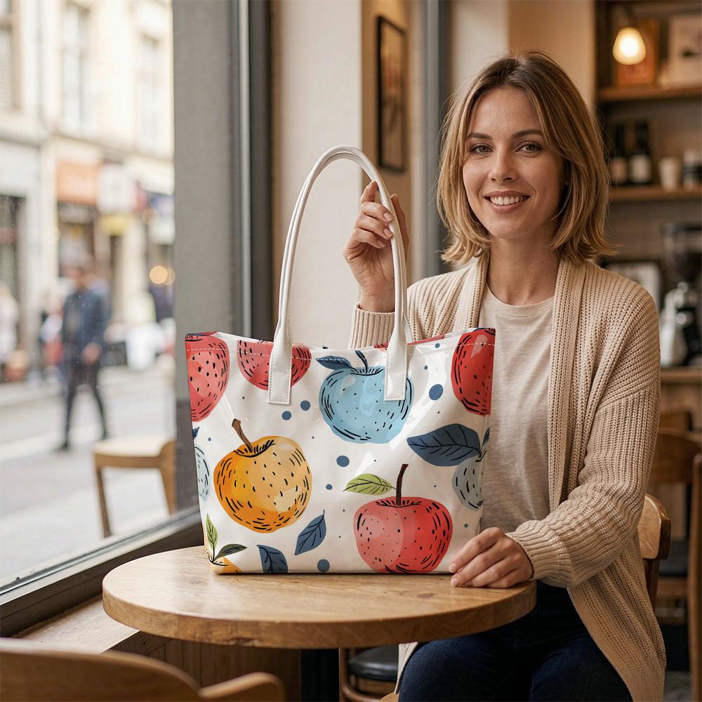 Cute Apple Print Tote Bag Casual Daily Handbag Fashion Lightweight Shopping Bag for Women Outdoor Use