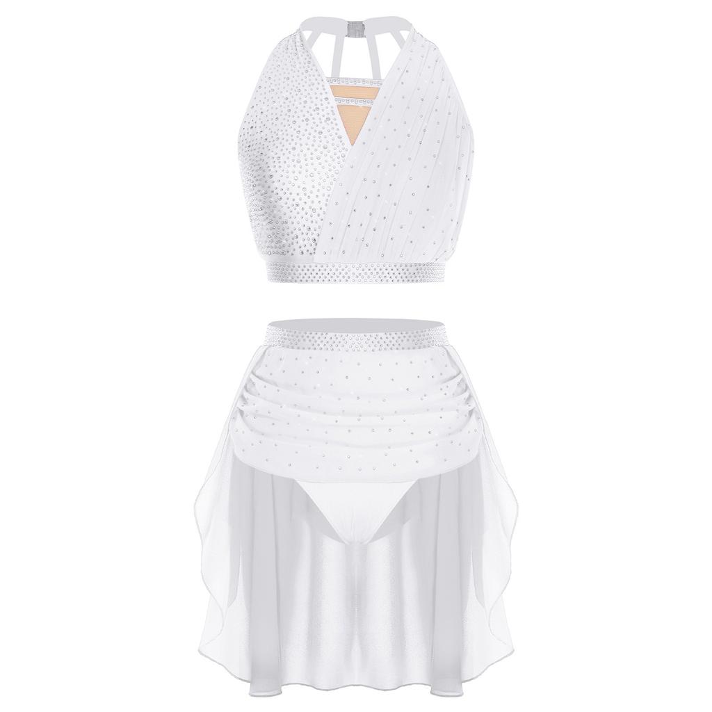 Womens Worship Dance Costume Long Sleeve Design Asymmetrical Hem Dress Contrast Color Wide Leg Pants Set