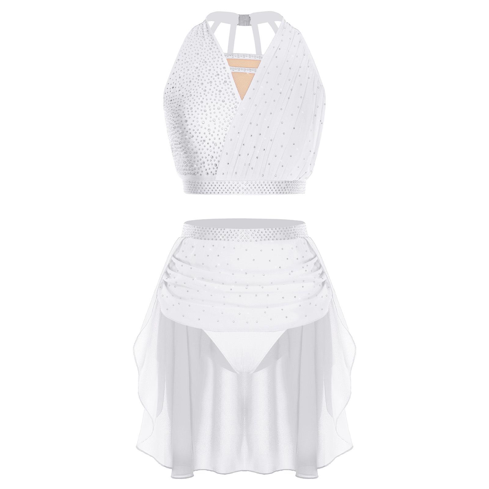 

Жіночий костюм для ліричного танцю Без рукавів Халтер Зі зборками Кроп-топ з нерівним подолом Вбудовані трусики Костюм зі стразами XXL білий