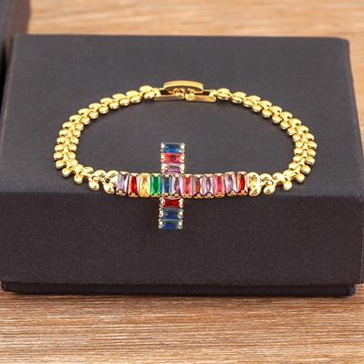 

Nidin Light Luxury 7 Colors Zircon Jesus Cross Gold Plated Leaf Chain Bracelet Charms Wrist Wear Jewelry Gift For Female Male