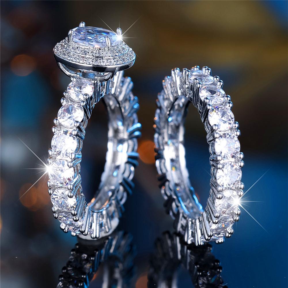 Female Silver Color White Zircon Stone Oval Engagement Ring Set Vintage Bridal Wedding Bands Party Jewelry For Women