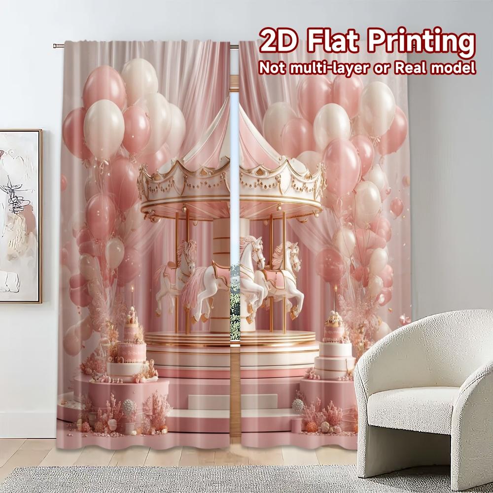 2pcs, 2D FLAT PRINTING Curtains (Without Rod) Carousel Bliss Chic Chic Curtain Versatile 100% Polyester Curtains Home Decor