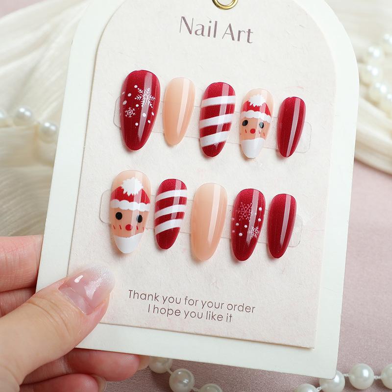 24-Piece Christmas Almond Cat Eye Nail Art Set: Hand-Painted Snowflakes & Santa Design Model SD-11 24 Pcs/Box