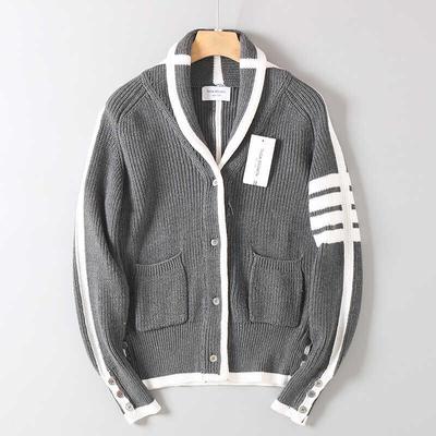 College-Style Cardigan for Men and Women, Four-Stripe Knit Sweater, Thickened for Warmth, Convertible High Collar, Long-Sleeve Sweater Jacket