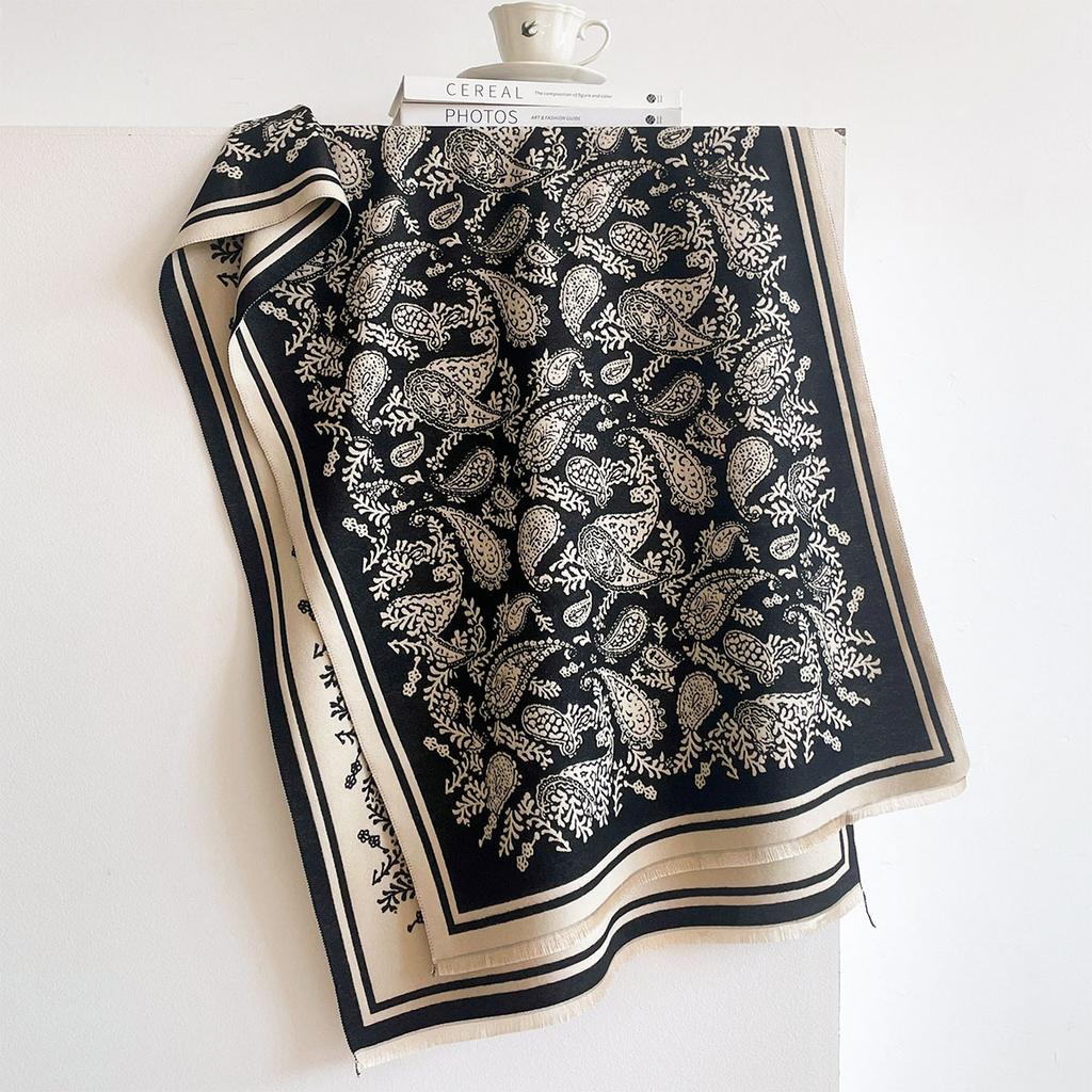 Winter High Grade Faux Cashmere Shawl Women Black Vintage Classic Paisley Floral Motif Thick Cozy Warm Large Wrap Scarf