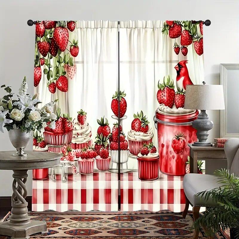 Strawberry and Dessert Pattern Printed Curtains, Pole Bag Bedroom Living Room, Home Decoration, Room Decoration
