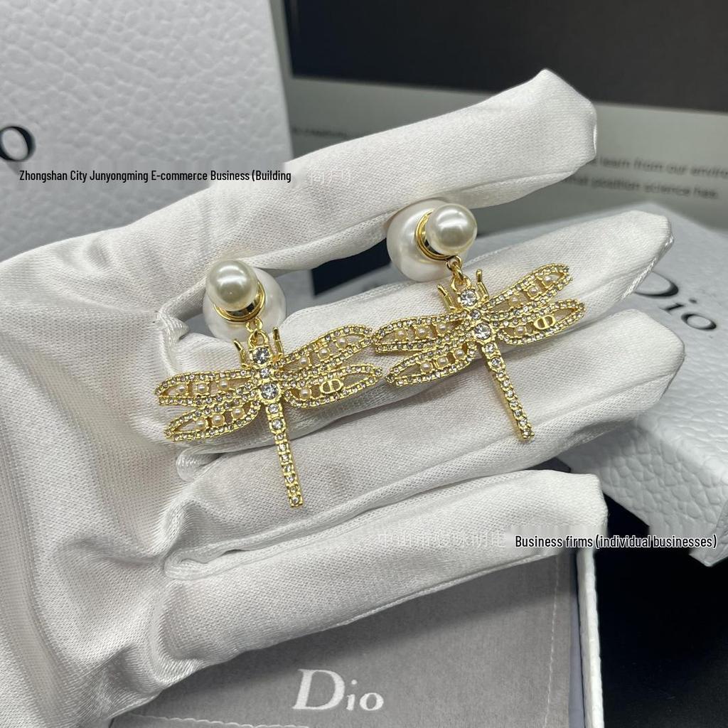 Elegant Dragonfly Insect Stud Earrings with Pearls & Diamonds for Women