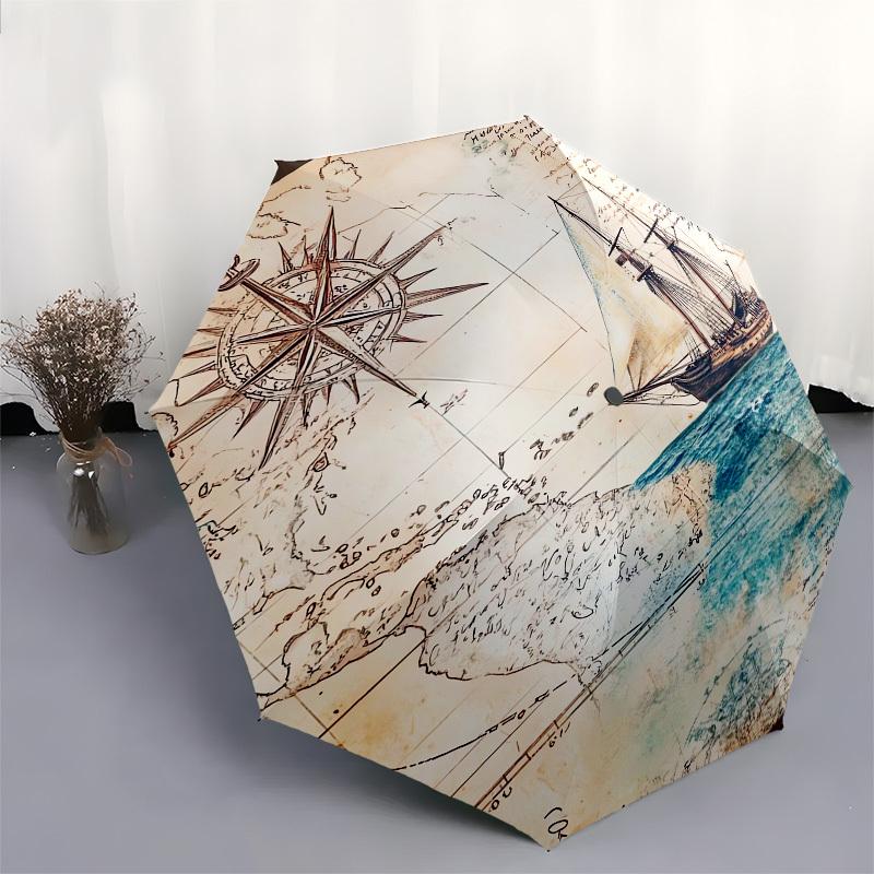 1pc Vintage Nautical Map with Compass and Ship Umbrella with Plastic Handle,Suitable for All Seasons UmbrellaPT451