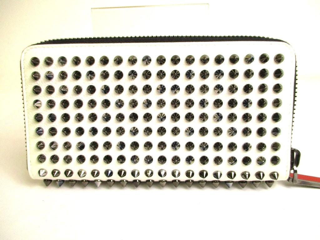 Authentic Christian Louboutin Panettone White Leather Spikes Round Zip Wallet #9934  Open Box