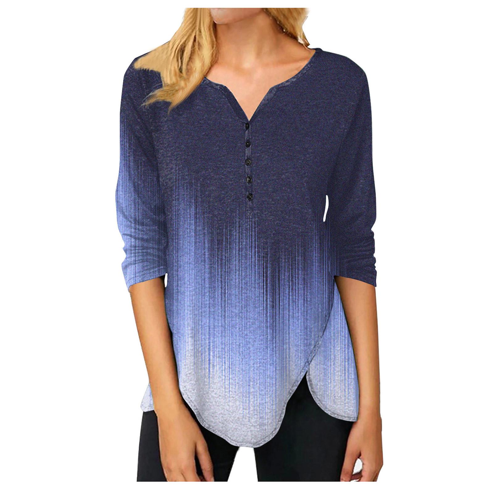 

Women s Casual Color Button V Neck T-Shirt Irregular Hem Long Sleeve Shirt Dressy Fit Casual Tops XL