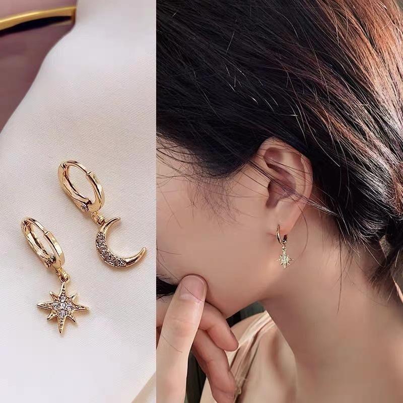 Silver Color CZ Star Moon Asymmetric Hoop Earrings for Women Girls Gold Silver Color Party Jewelry Gifts