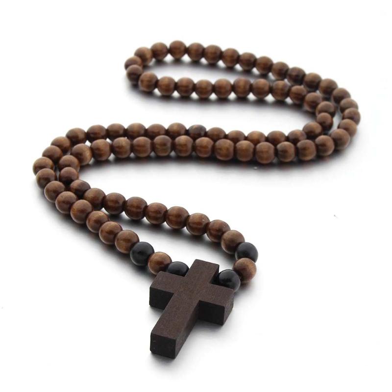 Classic Natural Wood Beads Crucifix Pendant Necklace for Men Women Religious Rosary Jewelry Handmade Prayer Accessories