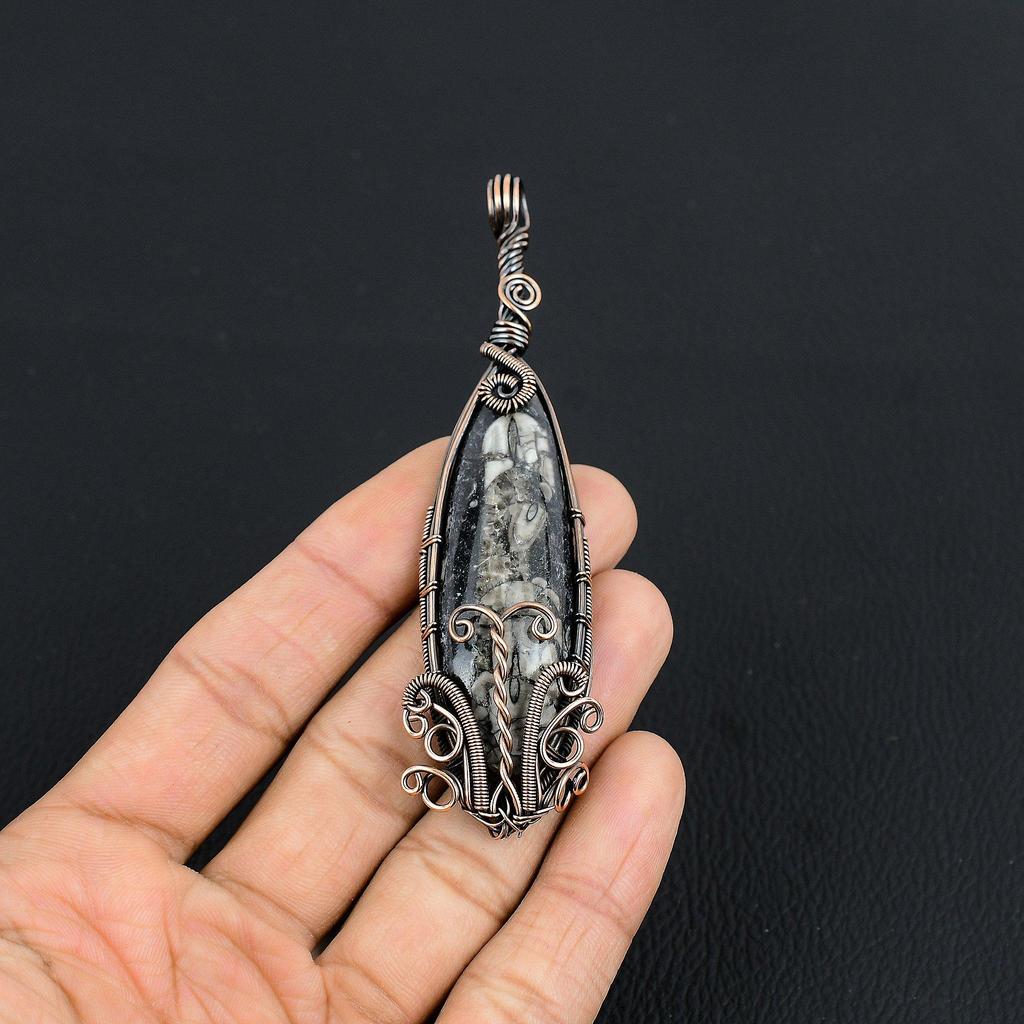 Orthoceras Fossil Jewelry, 999 Copper Wire Wrapped Pendant Handmade Gemstone Jewelry, Gifts For Wedding Pendant