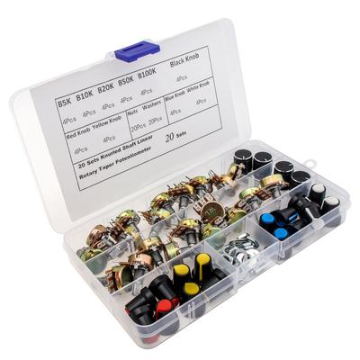 20sets 80pcs 5K 10K 20K 50K 100K  Ohm Knurled Shaft Linear Rotary Taper Potentiometer with 5 Different Kinds WH148 Knob, 3 Pins Resistor