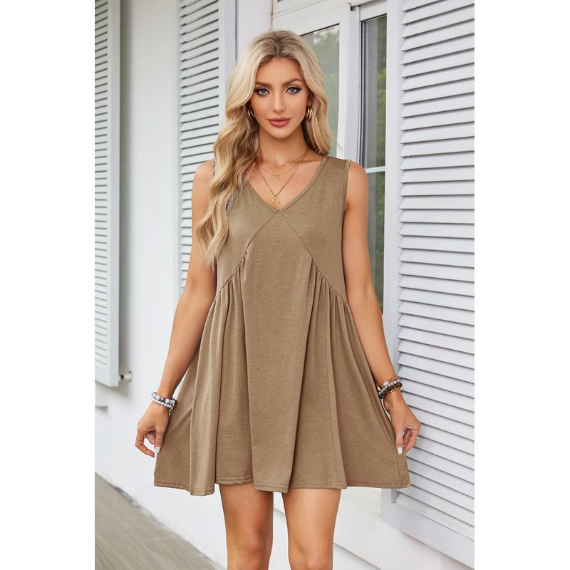 

Vneck Sleeveless Solid Color Vest Dressv Neck Sleeveless Pure Color Vest Dress Khaki L