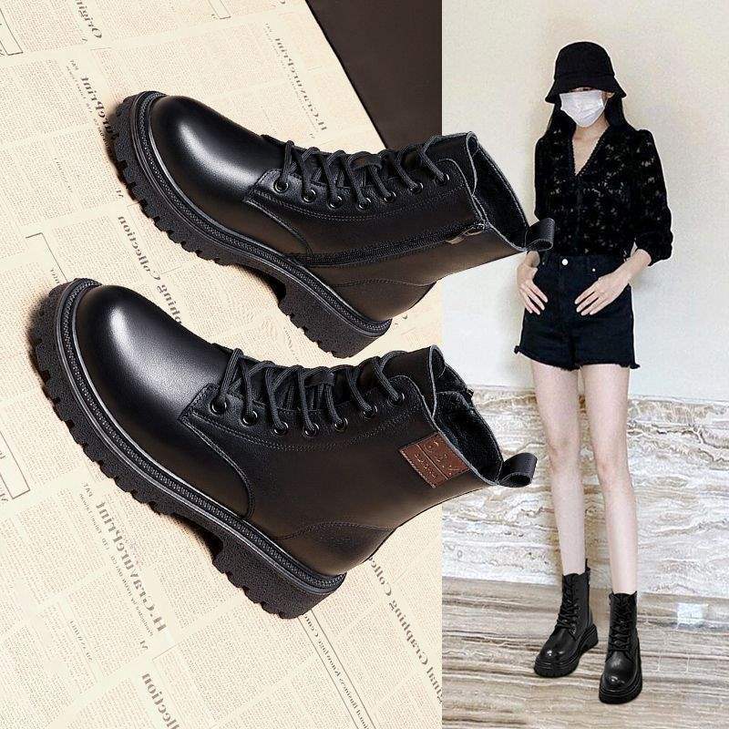 Real soft leather thick-soled Martin boots for women's 2025 new spring, autumn and winter velvet British wind fried street small short boots