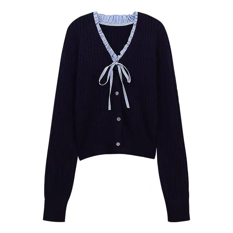 Korean Preppy Ruffle Knit Cardigan & Pleated Midi Skirt Set for Women (Autumn/Winter)