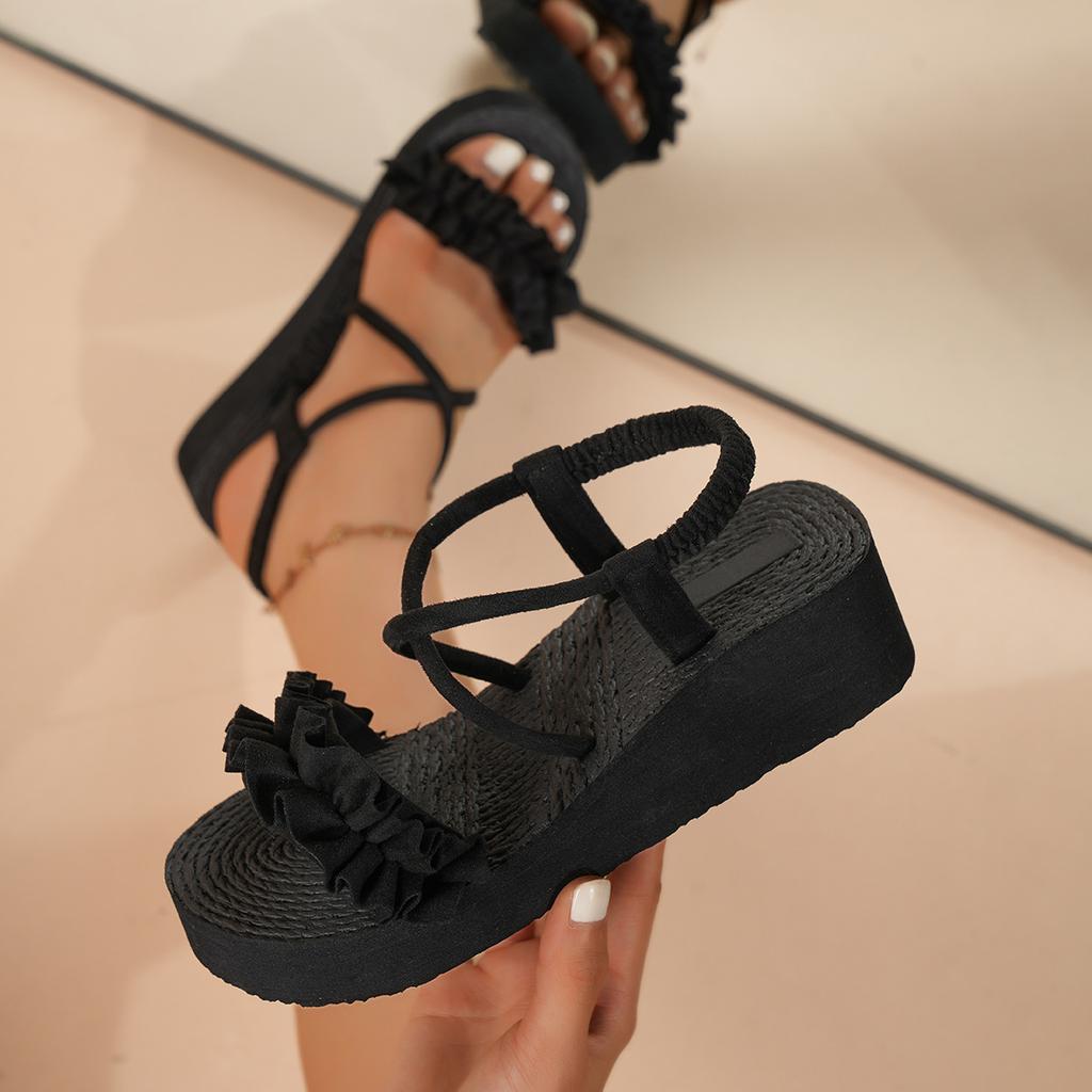 Thick-soled Wedge-heeled Lace-up Sandals for Women, Fashionable Round-toed Cross-strap Heightened Open-toed Women's Sandals 2025