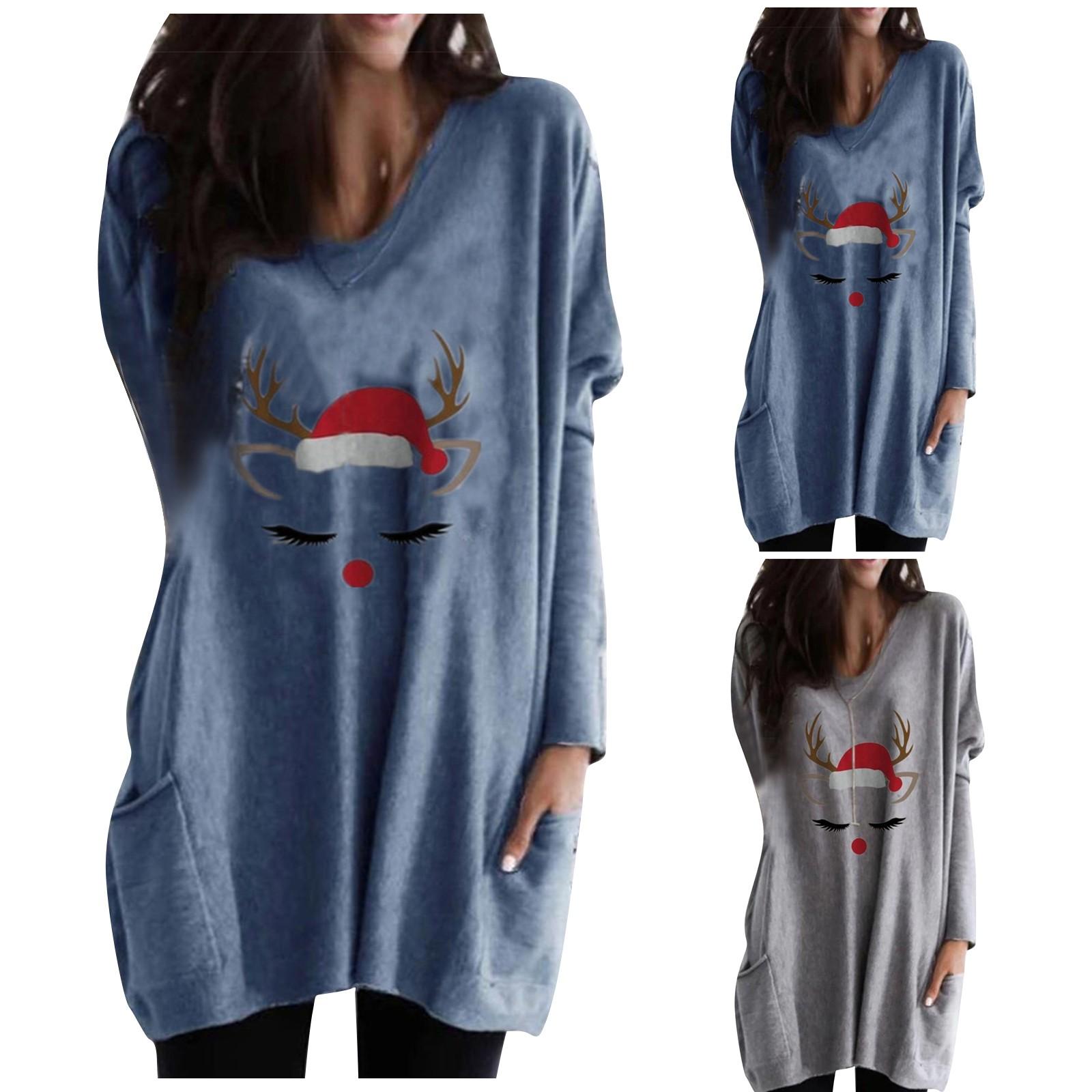 

Женский повседневный модный топ с длинными рукавами и карманами средней длины с рождественским принтом Merry Christmas