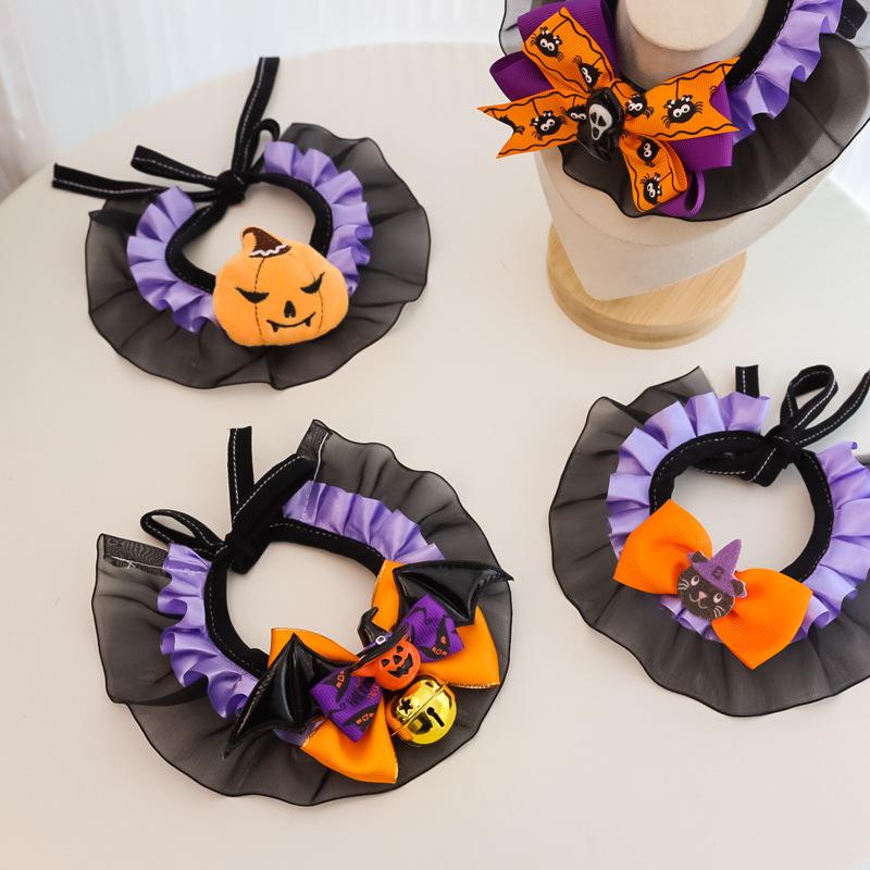 Halloween Pet Collar for Small Cats and Dogs, Lace Pumpkin Bat Wings Bowknot for Large Dogs